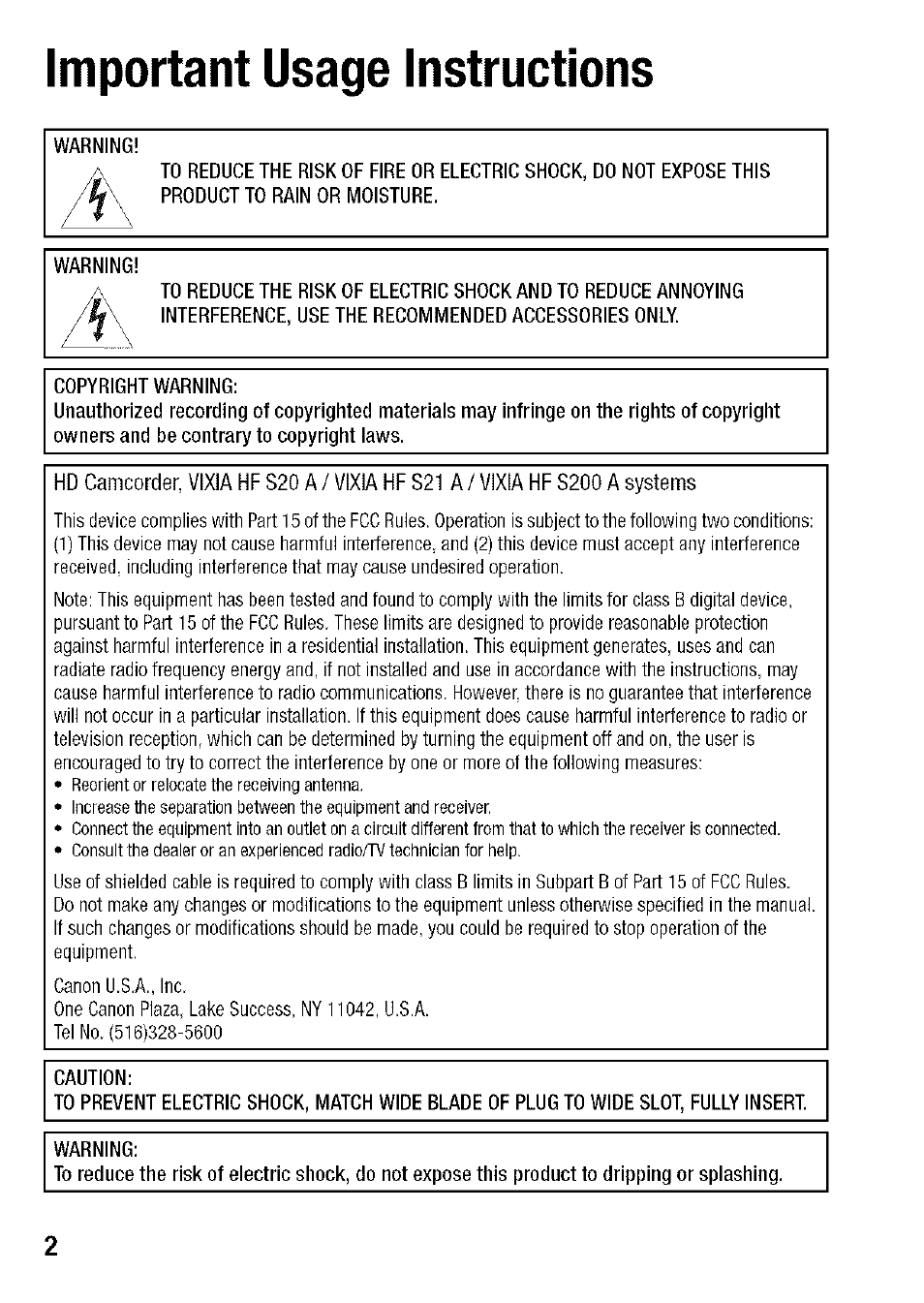 Important usage instructions | Canon HF S21 User Manual | Page 2 / 104