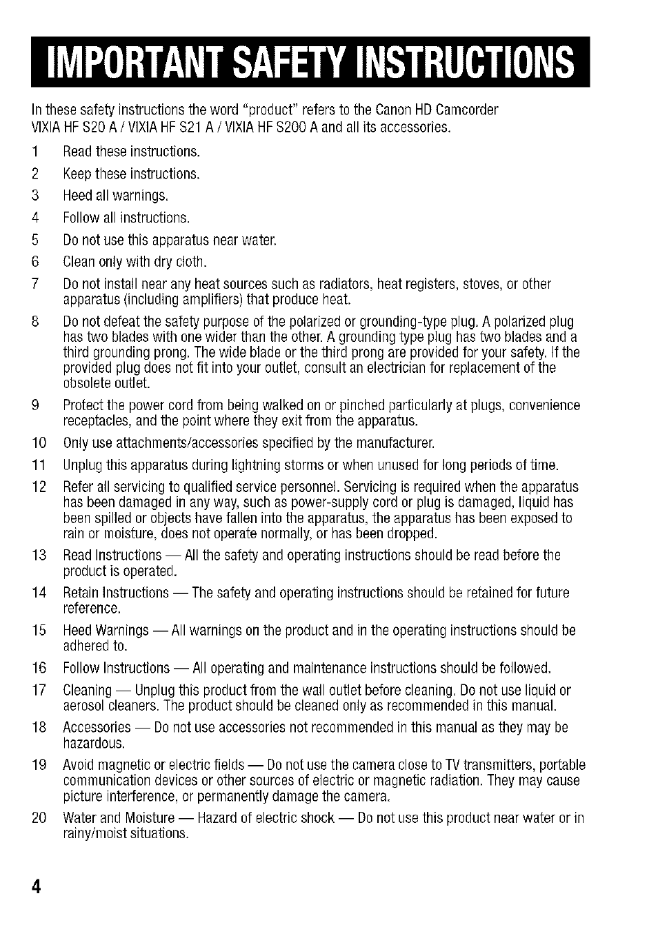 Mportant safety instructions | Canon HF S21 User Manual | Page 4 / 104