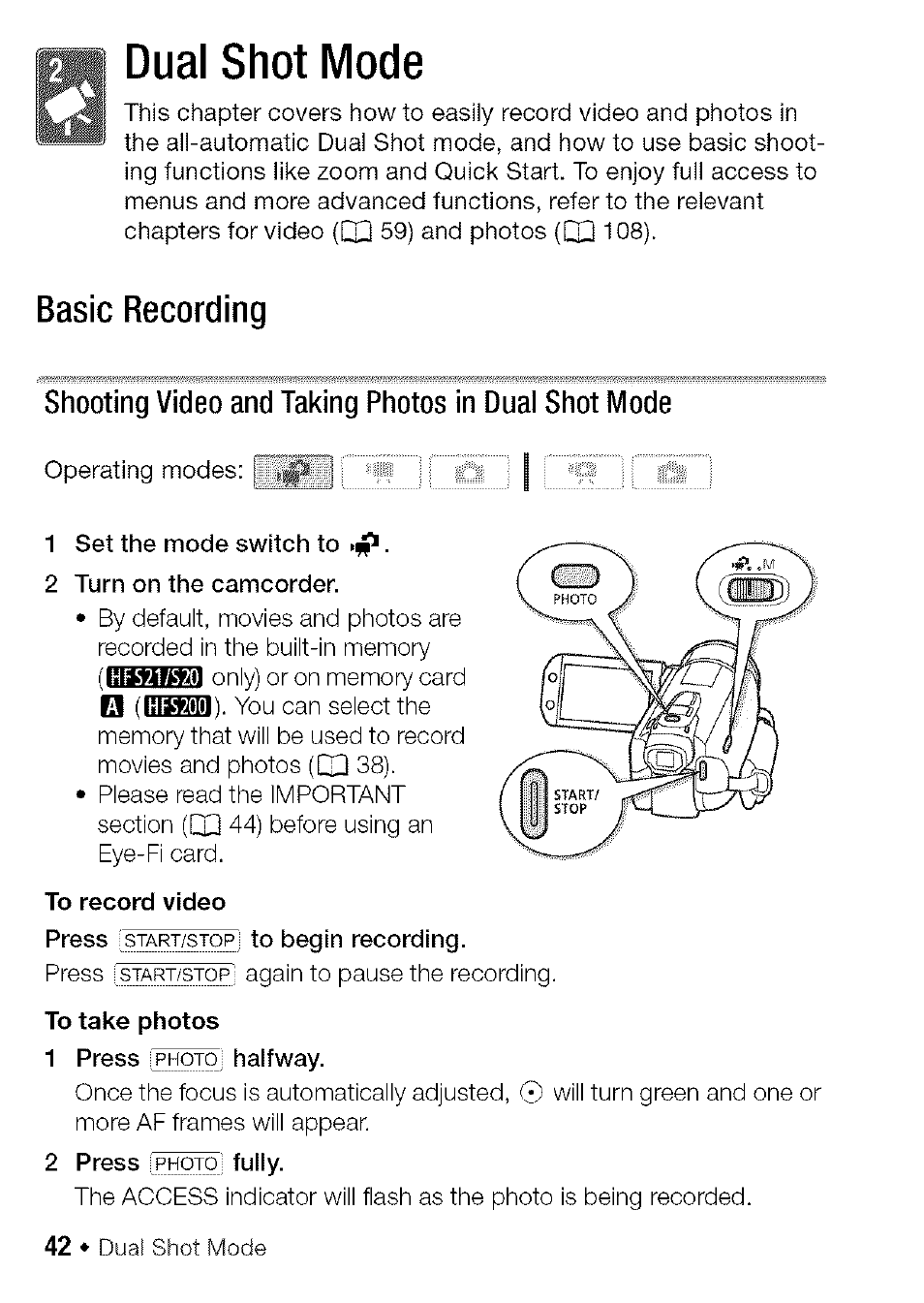 Dual shot mode, Basic recording | Canon HF S21 User Manual | Page 42 / 104