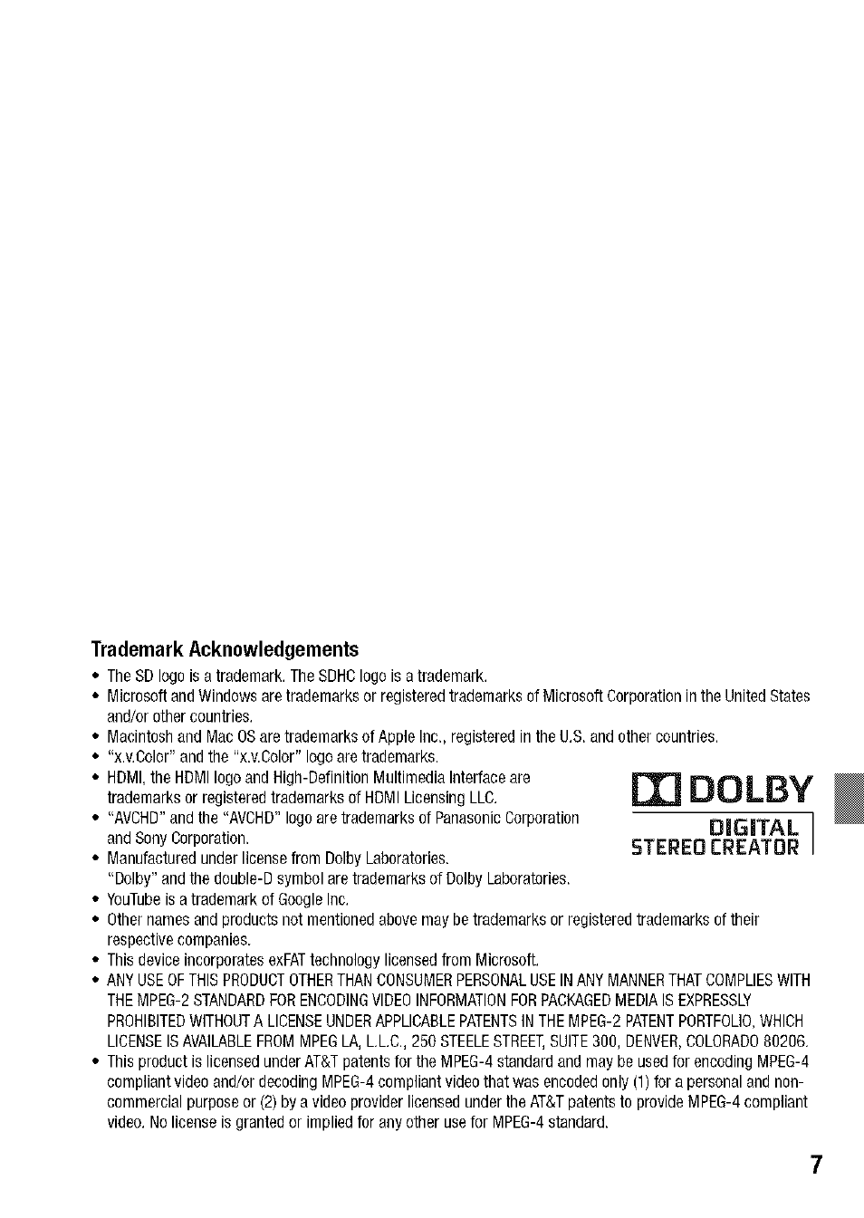 M dolby, Digital i stereo creator | Canon HF S21 User Manual | Page 7 / 104