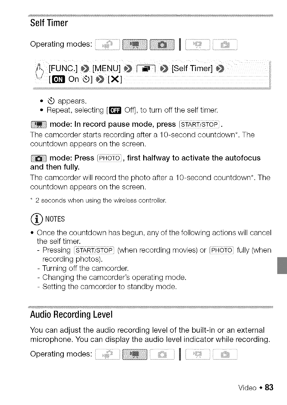 Self timer, Audio recording level, Fung.] © [menu | On 0 | Canon HF S21 User Manual | Page 83 / 104