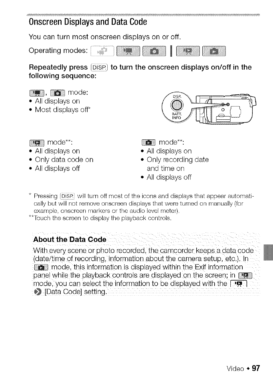 Onscreen displays and data code | Canon HF S21 User Manual | Page 97 / 104