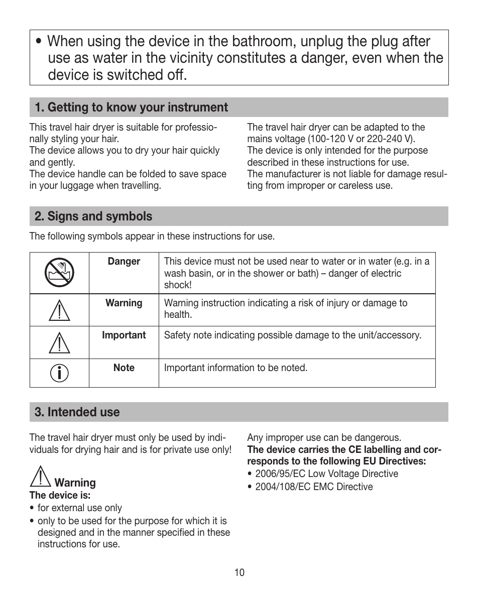 Getting to know your instrument, Signs and symbols, Intended use | Beurer HDE 10 User Manual | Page 10 / 72