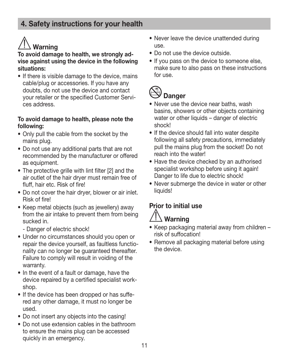 Safety instructions for your health | Beurer HDE 10 User Manual | Page 11 / 72