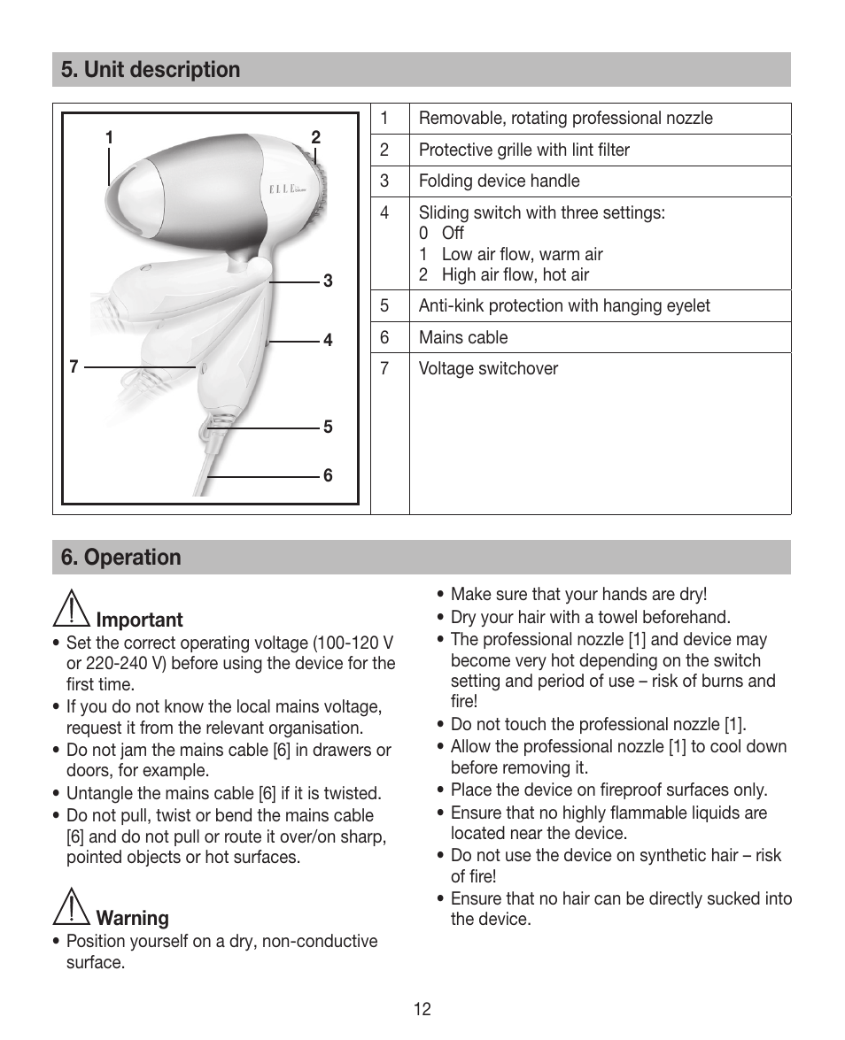 Unit description, Operation | Beurer HDE 10 User Manual | Page 12 / 72