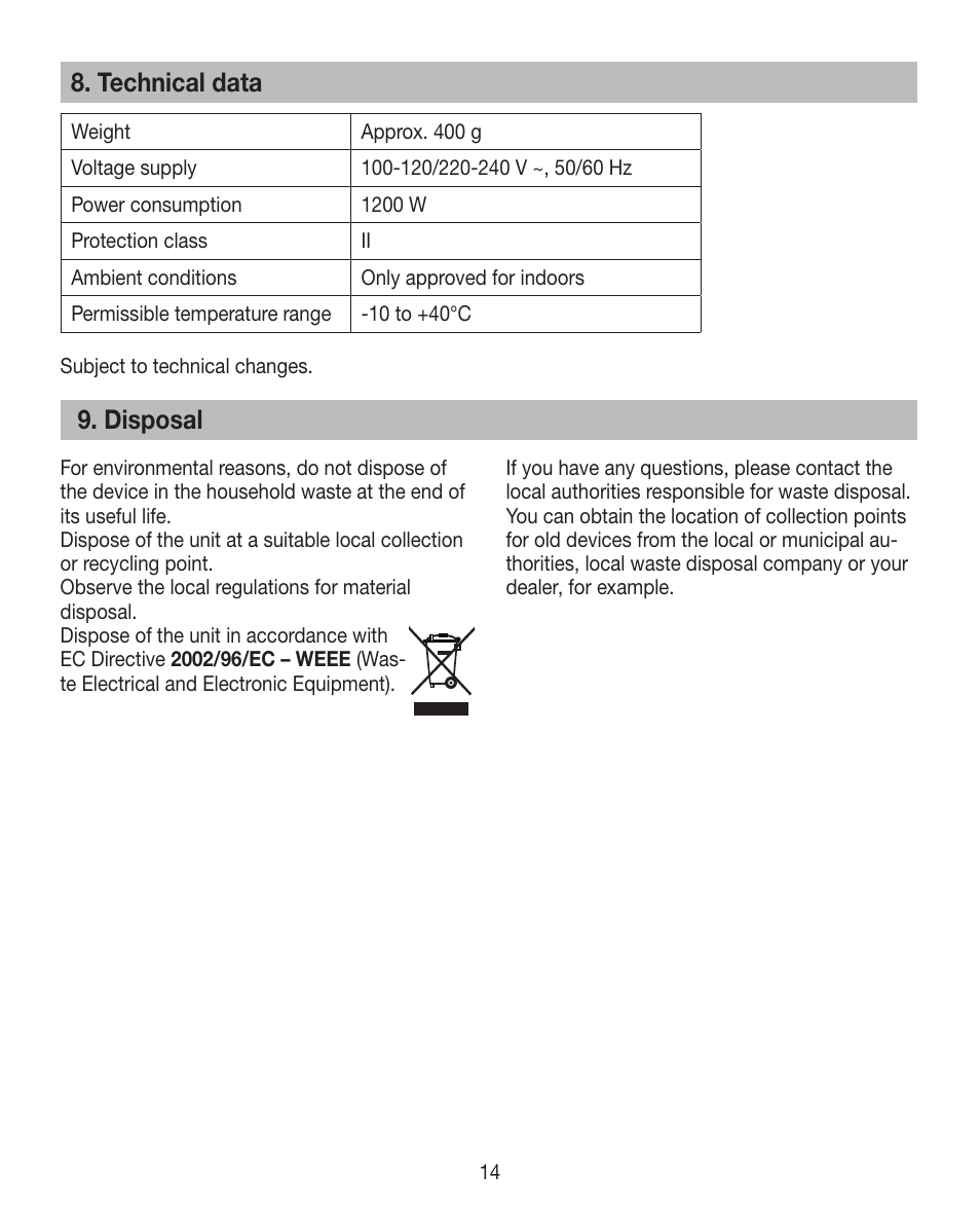 Technical data, Disposal | Beurer HDE 10 User Manual | Page 14 / 72