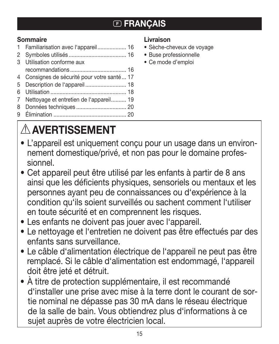 Avertissement | Beurer HDE 10 User Manual | Page 15 / 72