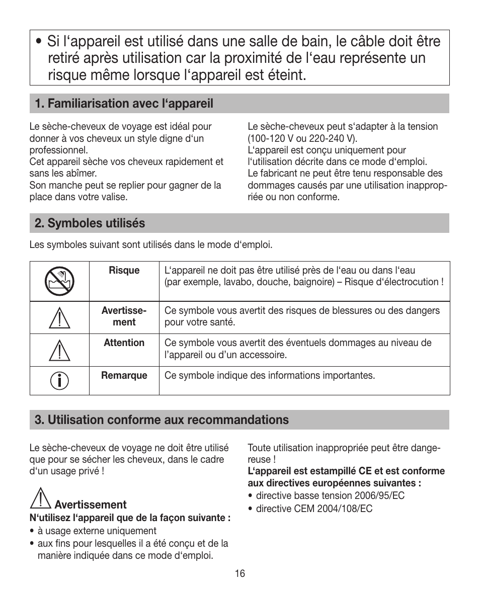 Familiarisation avec l‘appareil, Symboles utilisés, Utilisation conforme aux recommandations | Beurer HDE 10 User Manual | Page 16 / 72