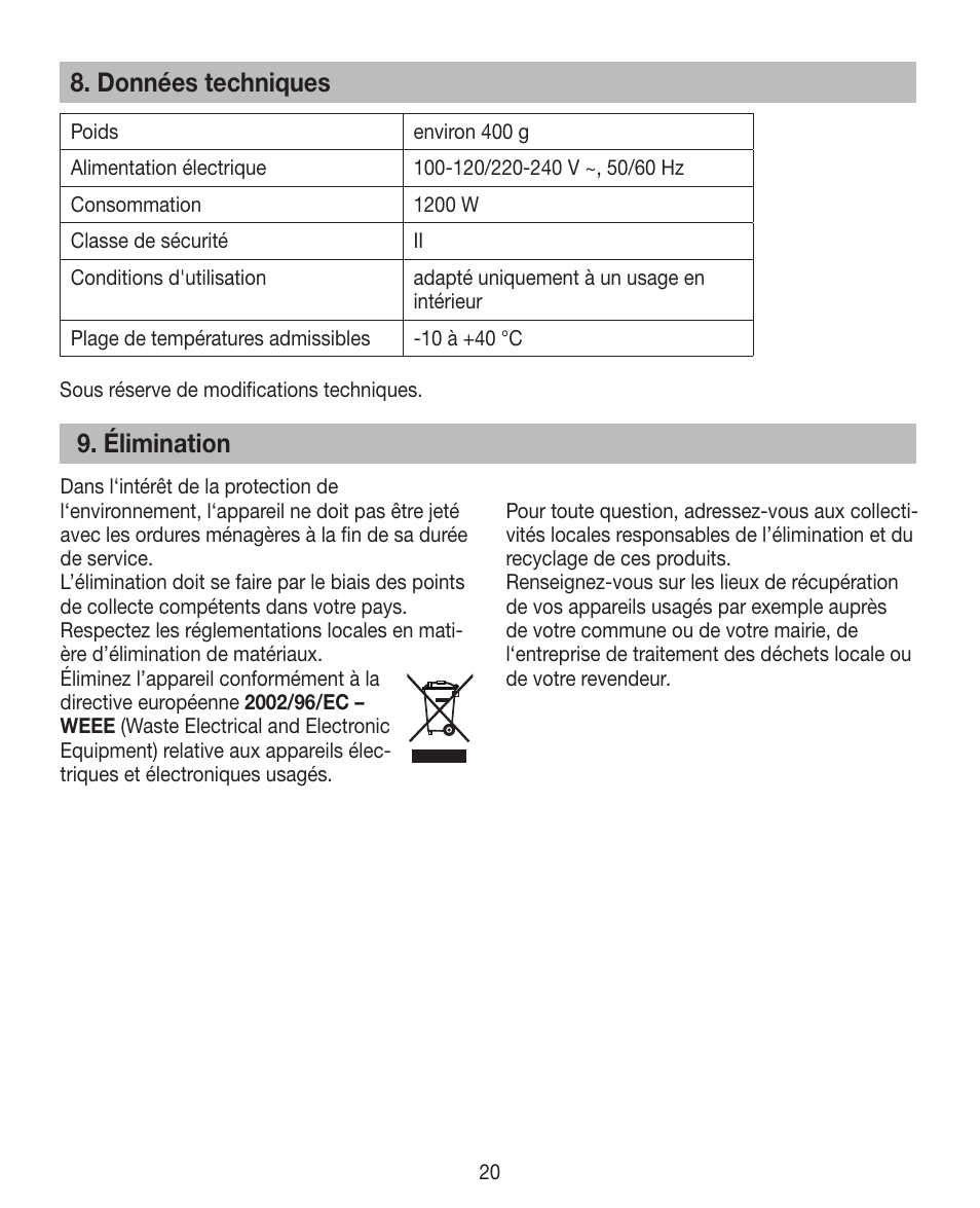 Données techniques, Élimination | Beurer HDE 10 User Manual | Page 20 / 72