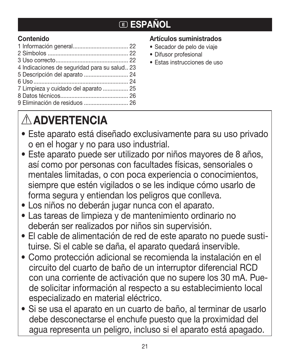 Advertencia, E español | Beurer HDE 10 User Manual | Page 21 / 72