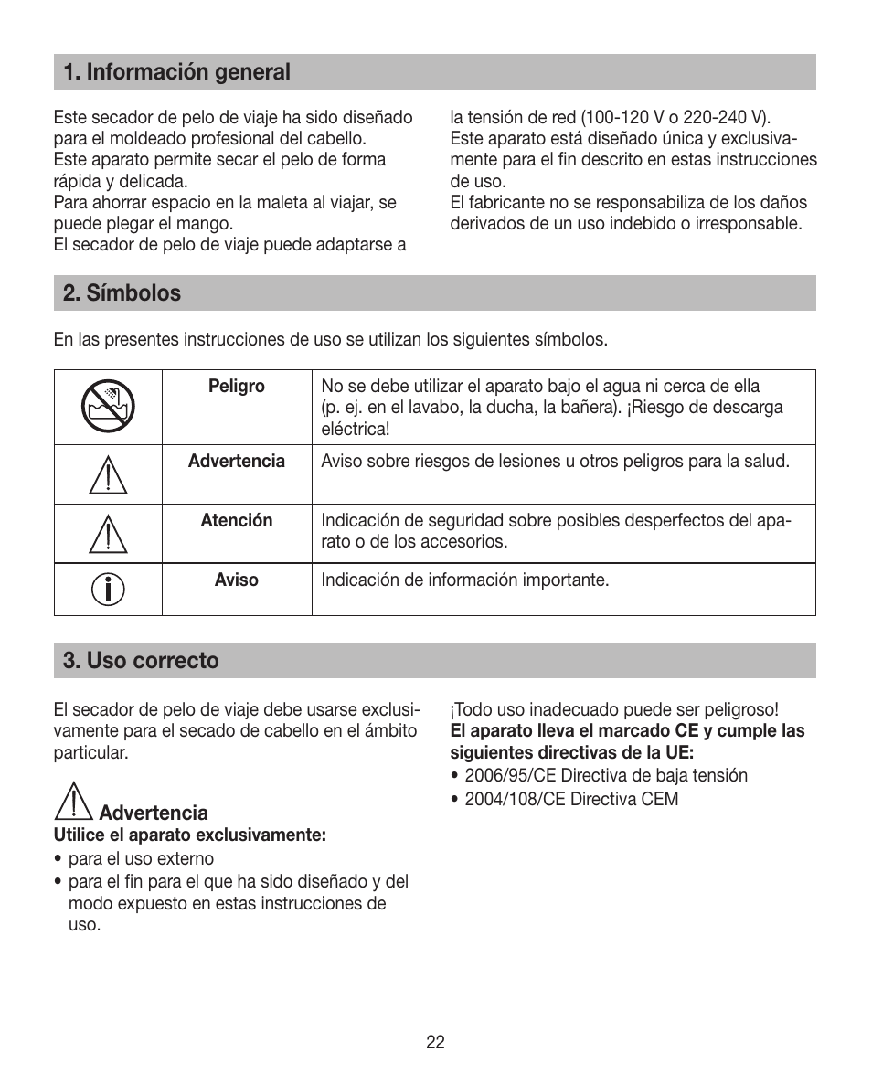 Información general, Símbolos, Uso correcto | Beurer HDE 10 User Manual | Page 22 / 72