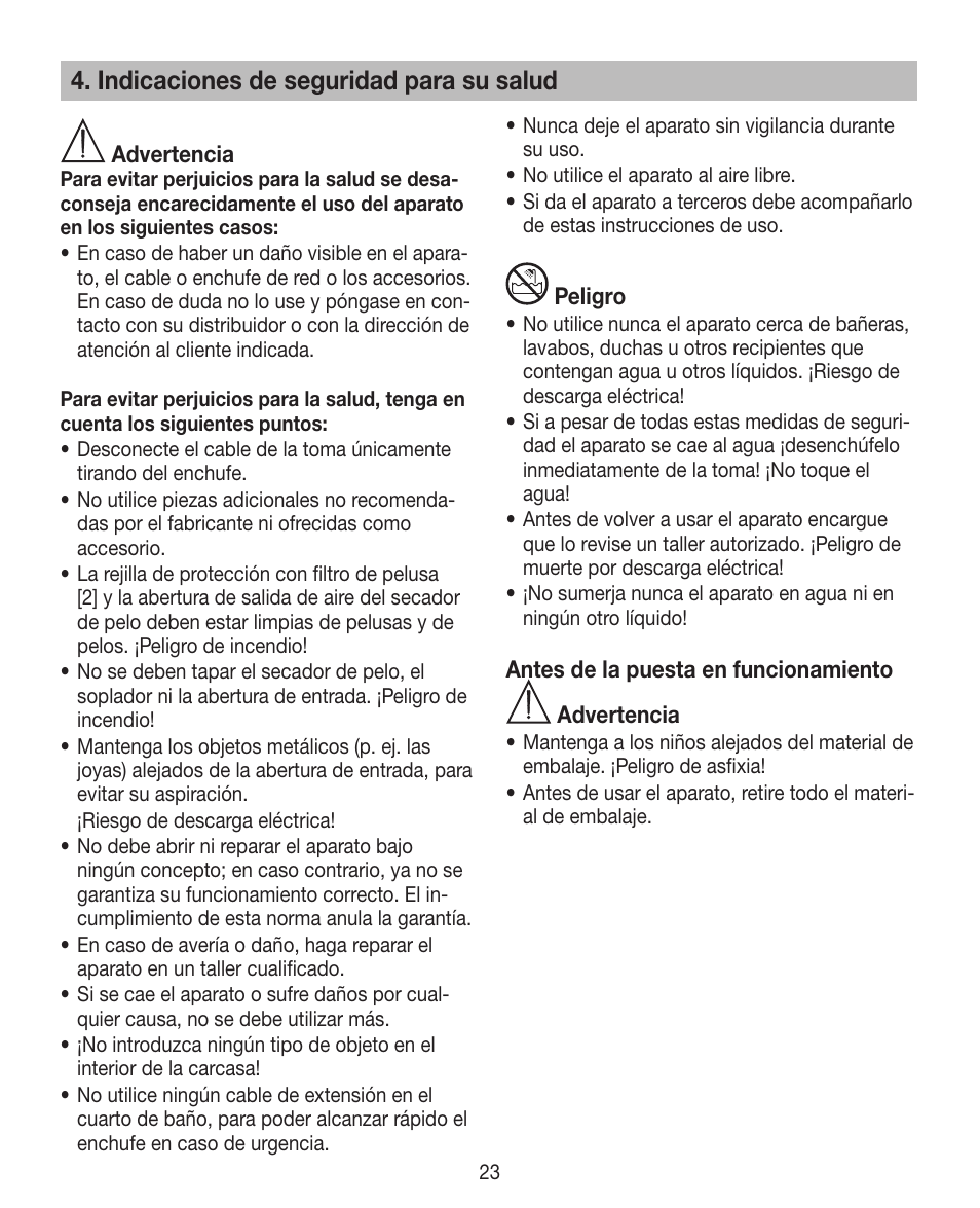 Indicaciones de seguridad para su salud | Beurer HDE 10 User Manual | Page 23 / 72