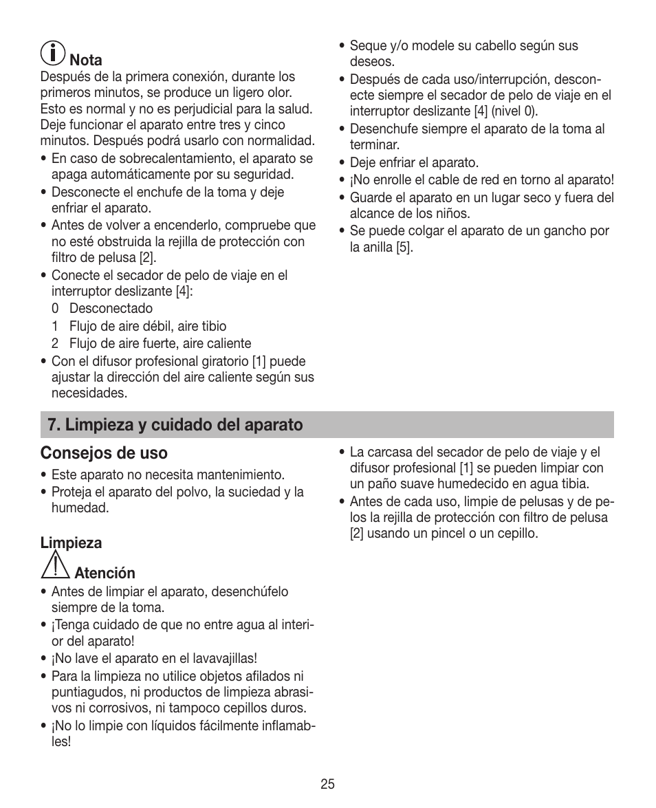 Limpieza y cuidado del aparato consejos de uso | Beurer HDE 10 User Manual | Page 25 / 72