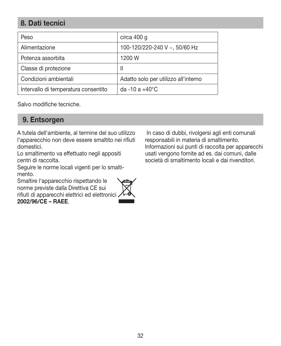 Dati tecnici, Entsorgen | Beurer HDE 10 User Manual | Page 32 / 72