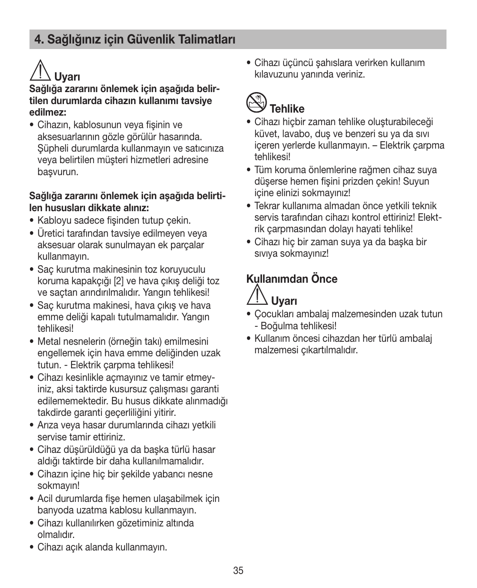 Sağlığınız için güvenlik talimatları | Beurer HDE 10 User Manual | Page 35 / 72