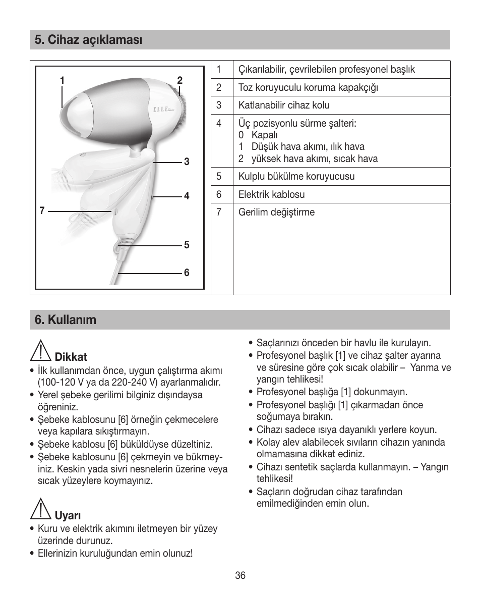 Cihaz açıklaması, Kullanım | Beurer HDE 10 User Manual | Page 36 / 72