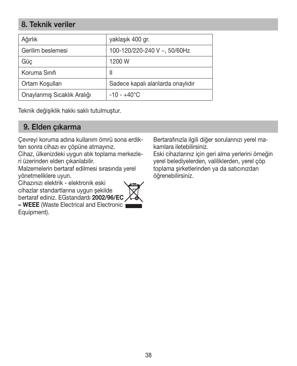 Teknik veriler, Elden çıkarma | Beurer HDE 10 User Manual | Page 38 / 72