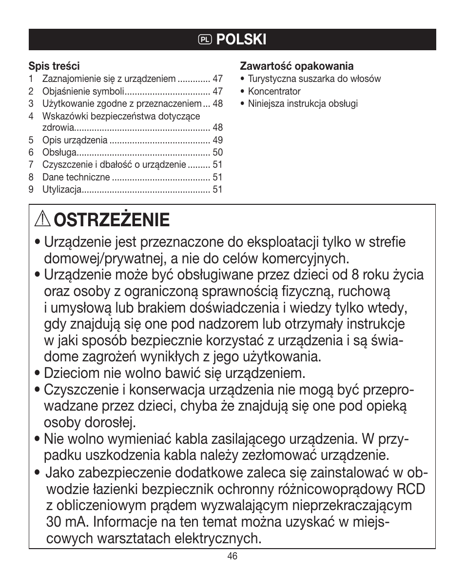 Ostrzeżenie | Beurer HDE 10 User Manual | Page 46 / 72