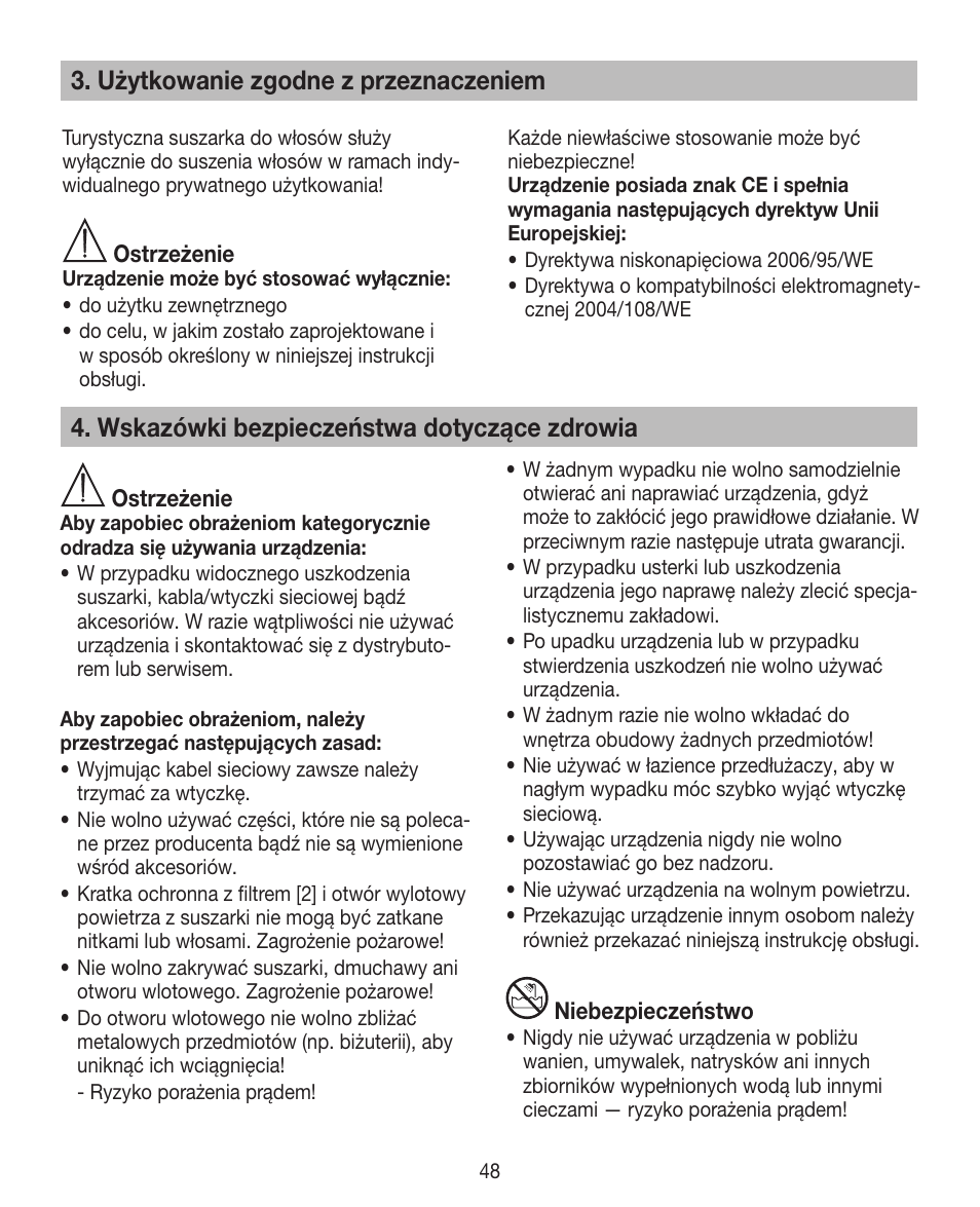 Wskazówki bezpieczeństwa dotyczące zdrowia, Użytkowanie zgodne z przeznaczeniem | Beurer HDE 10 User Manual | Page 48 / 72
