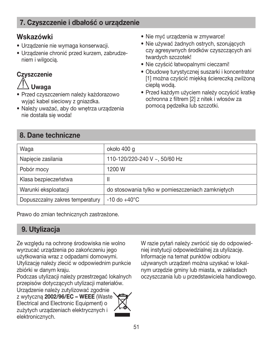 Czyszczenie i dbałość o urządzenie wskazówki, Dane techniczne, Utylizacja | Beurer HDE 10 User Manual | Page 51 / 72
