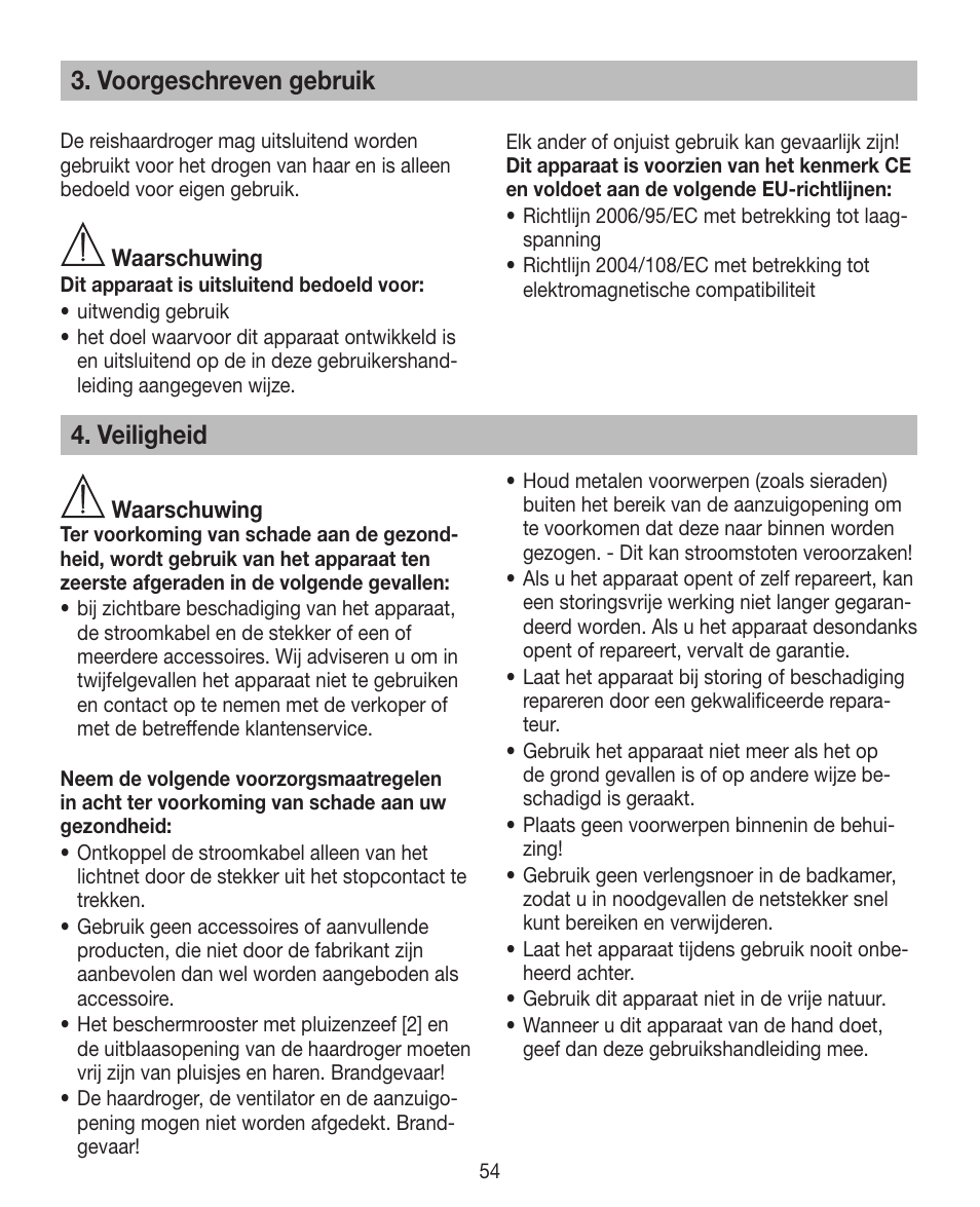 Veiligheid, Voorgeschreven gebruik | Beurer HDE 10 User Manual | Page 54 / 72
