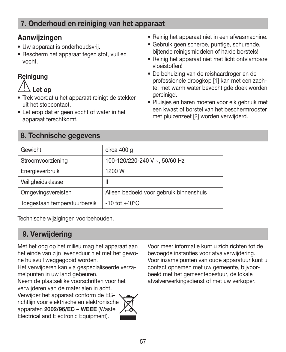 Technische gegevens, Verwijdering | Beurer HDE 10 User Manual | Page 57 / 72