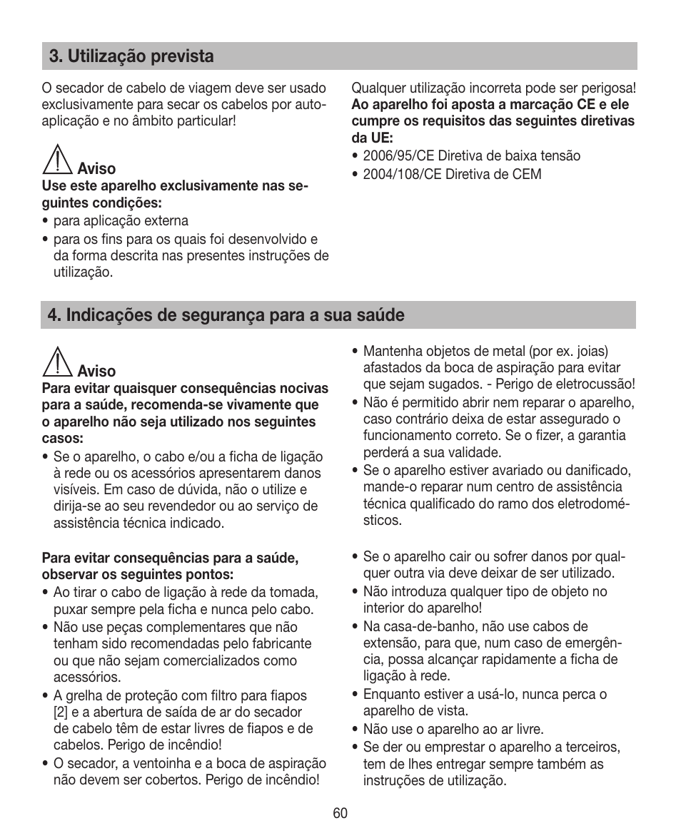 Indicações de segurança para a sua saúde, Utilização prevista | Beurer HDE 10 User Manual | Page 60 / 72