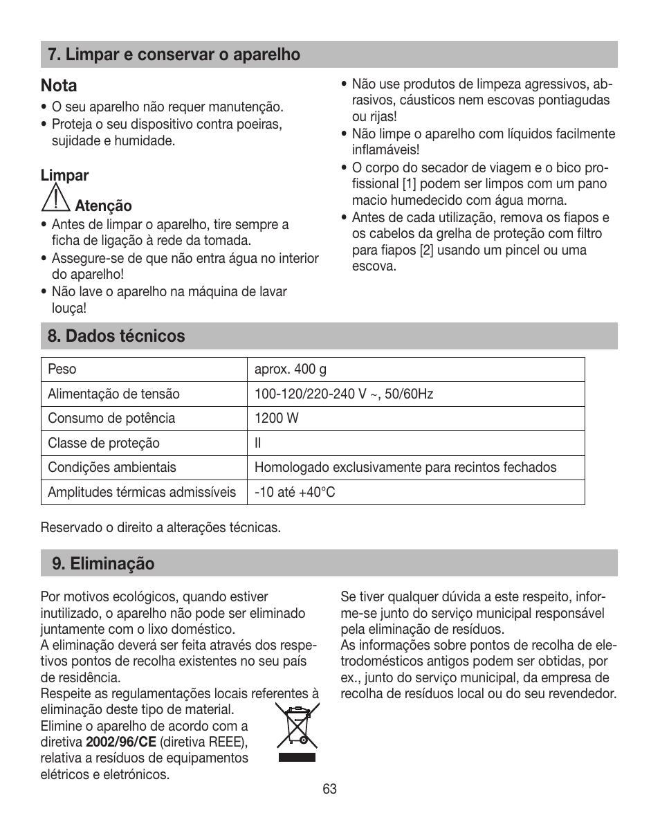 Limpar e conservar o aparelho nota, Dados técnicos, Eliminação | Beurer HDE 10 User Manual | Page 63 / 72