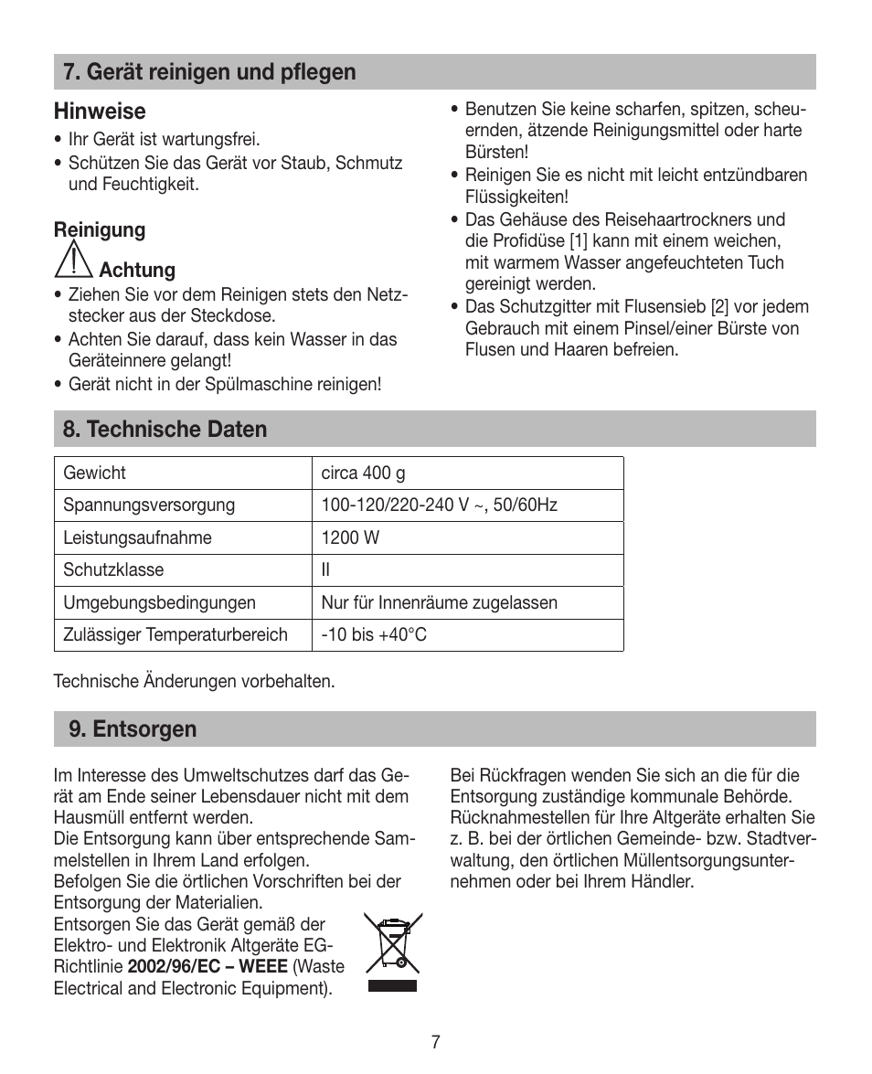 Gerät reinigen und pflegen hinweise, Technische daten, Entsorgen | Beurer HDE 10 User Manual | Page 7 / 72