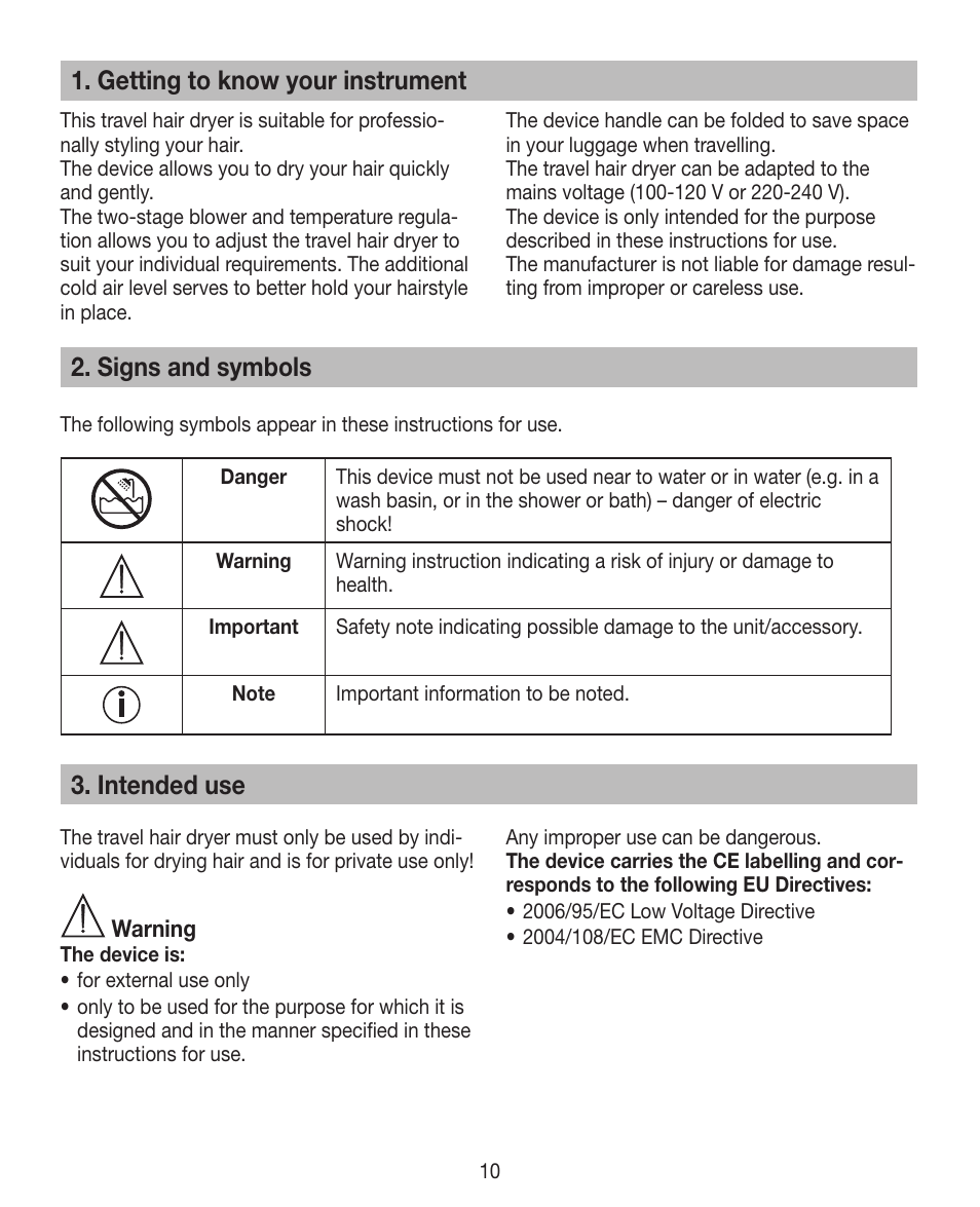 Getting to know your instrument, Signs and symbols, Intended use | Beurer HDE 15 User Manual | Page 10 / 72