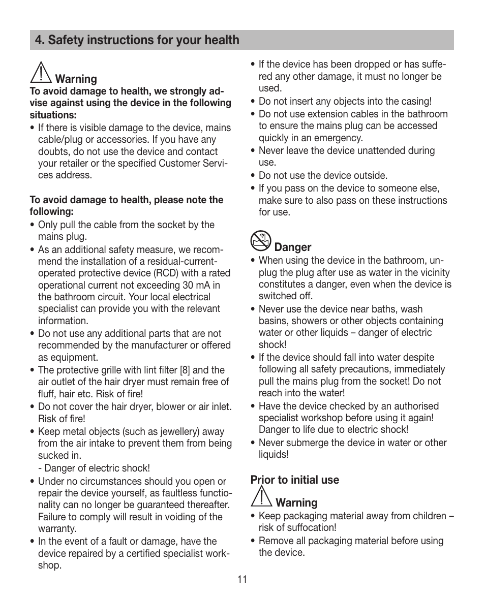 Safety instructions for your health | Beurer HDE 15 User Manual | Page 11 / 72