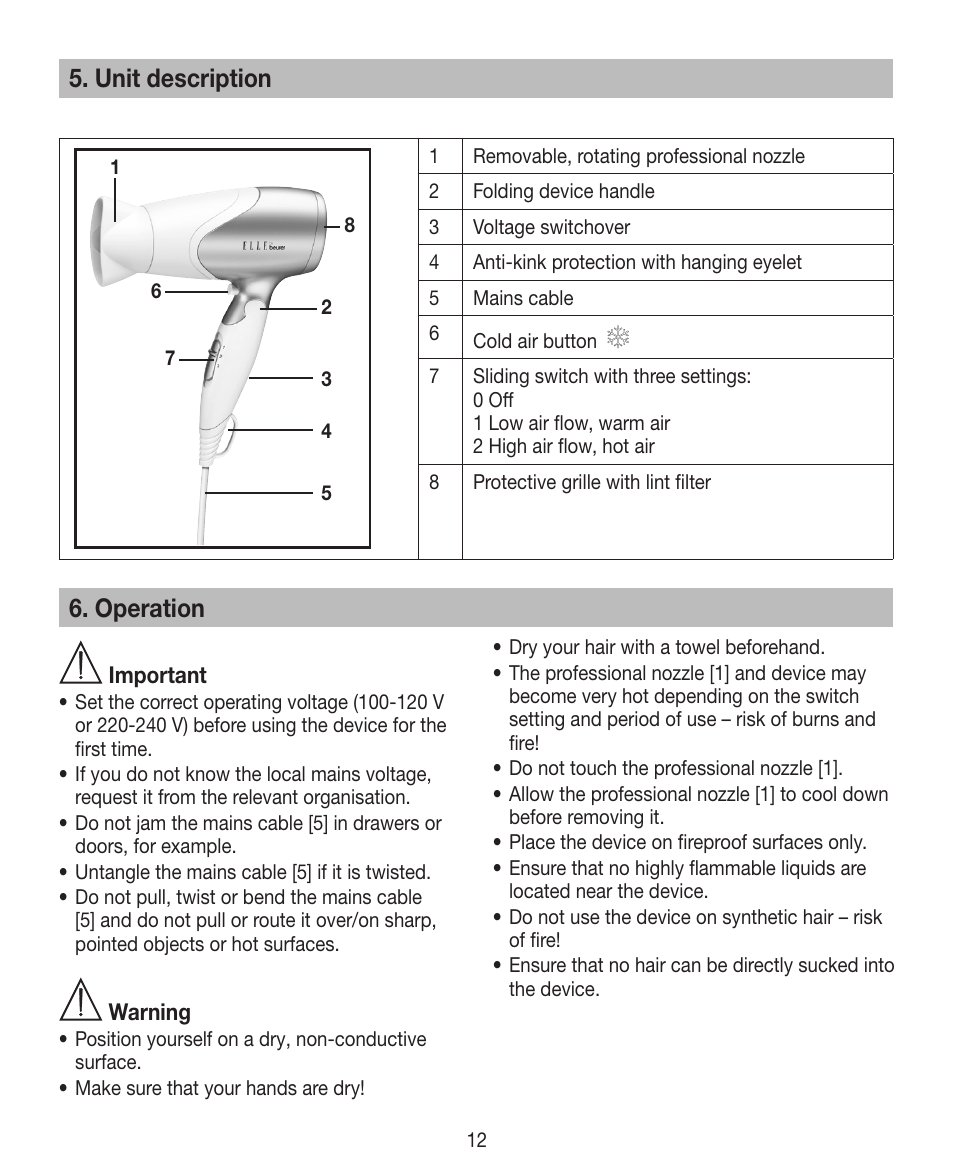 Unit description, Operation | Beurer HDE 15 User Manual | Page 12 / 72