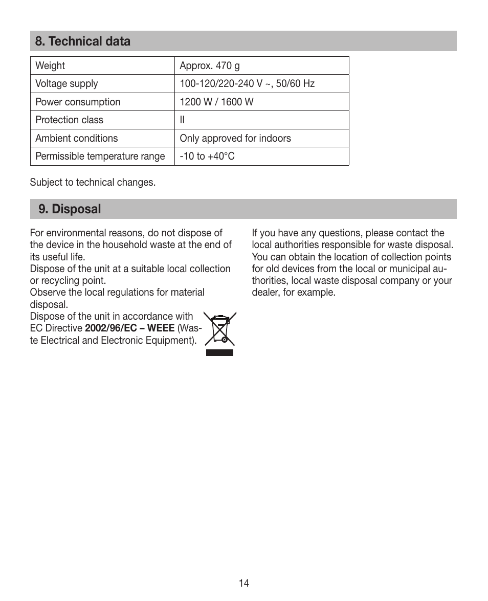 Technical data, Disposal | Beurer HDE 15 User Manual | Page 14 / 72