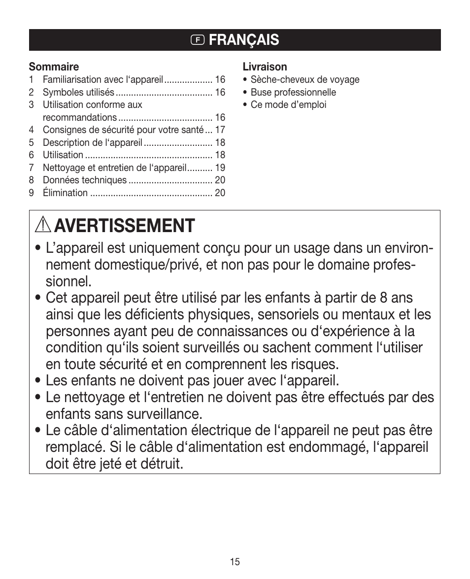 Avertissement | Beurer HDE 15 User Manual | Page 15 / 72