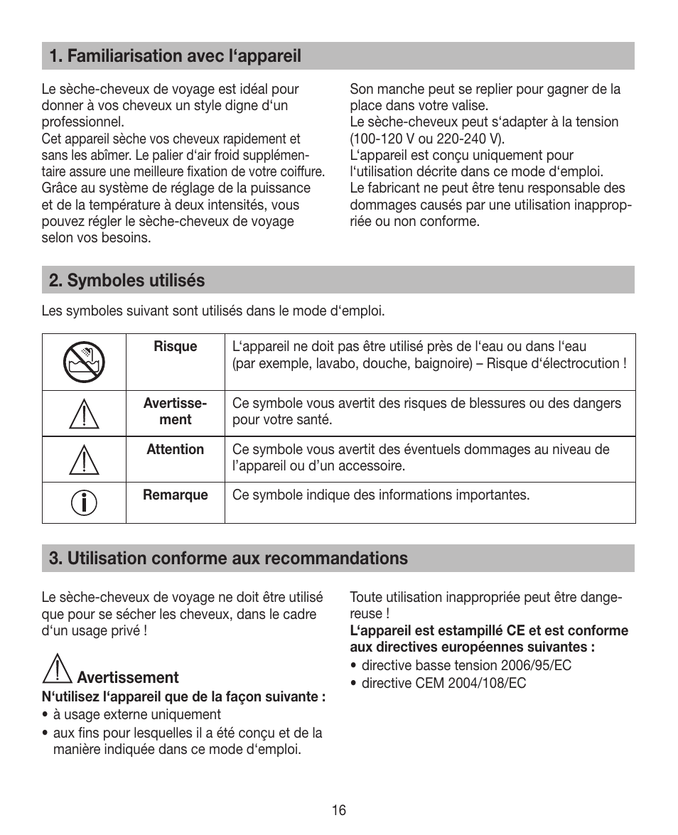 Familiarisation avec l‘appareil, Symboles utilisés, Utilisation conforme aux recommandations | Beurer HDE 15 User Manual | Page 16 / 72