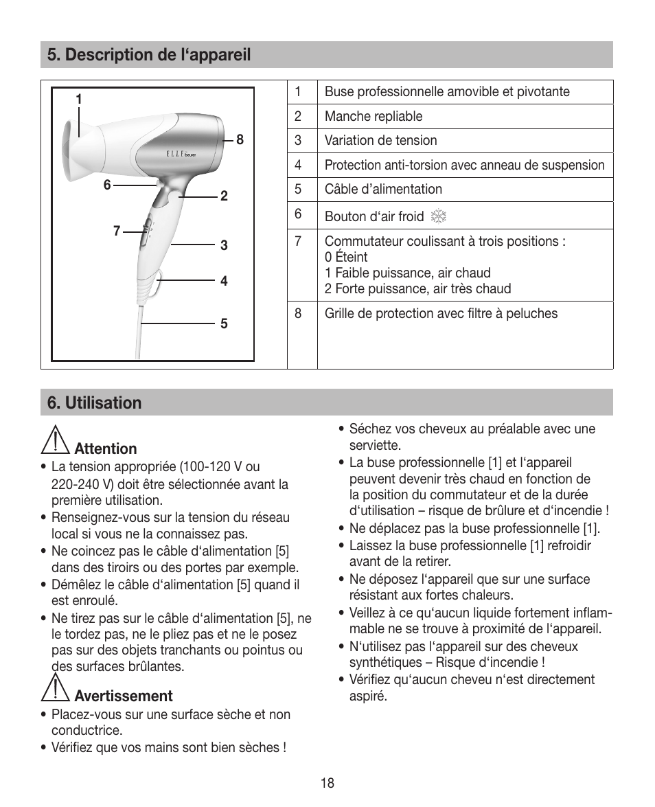 Description de l‘appareil, Utilisation | Beurer HDE 15 User Manual | Page 18 / 72