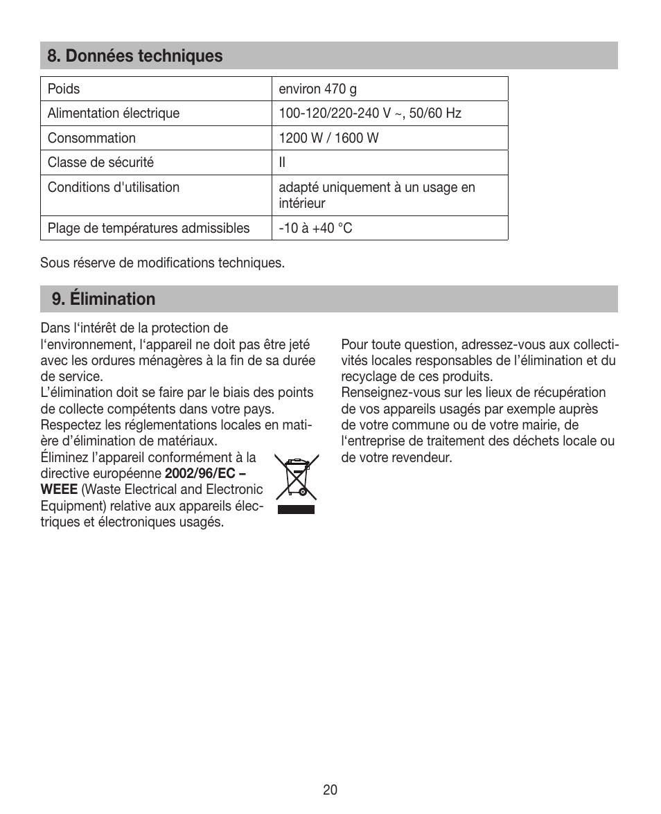 Données techniques, Élimination | Beurer HDE 15 User Manual | Page 20 / 72