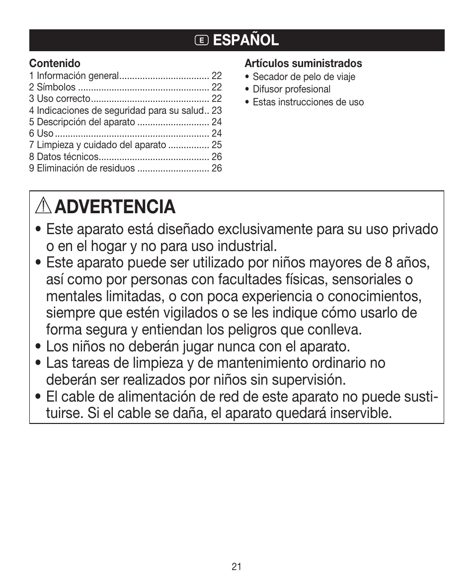 Advertencia, E español | Beurer HDE 15 User Manual | Page 21 / 72