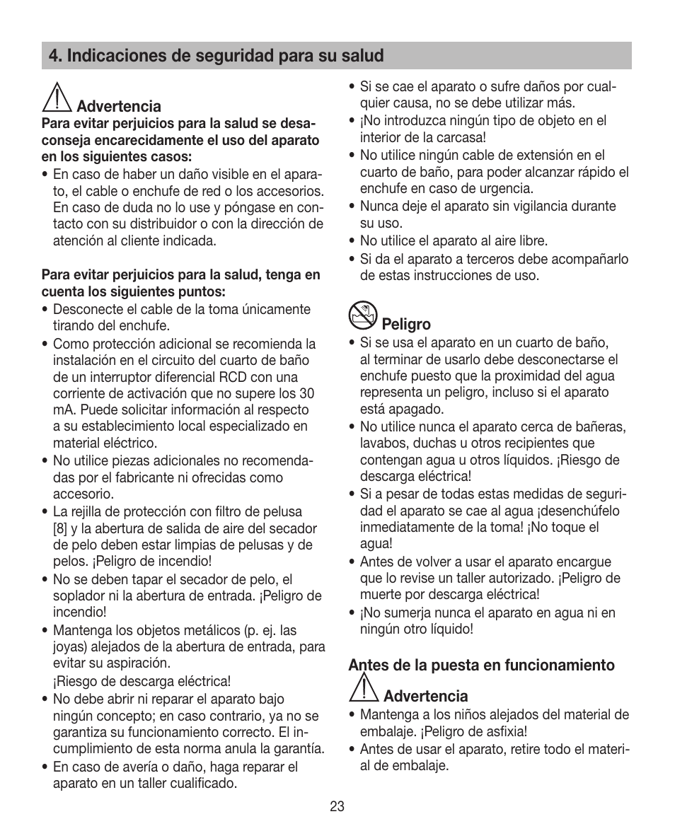 Indicaciones de seguridad para su salud | Beurer HDE 15 User Manual | Page 23 / 72