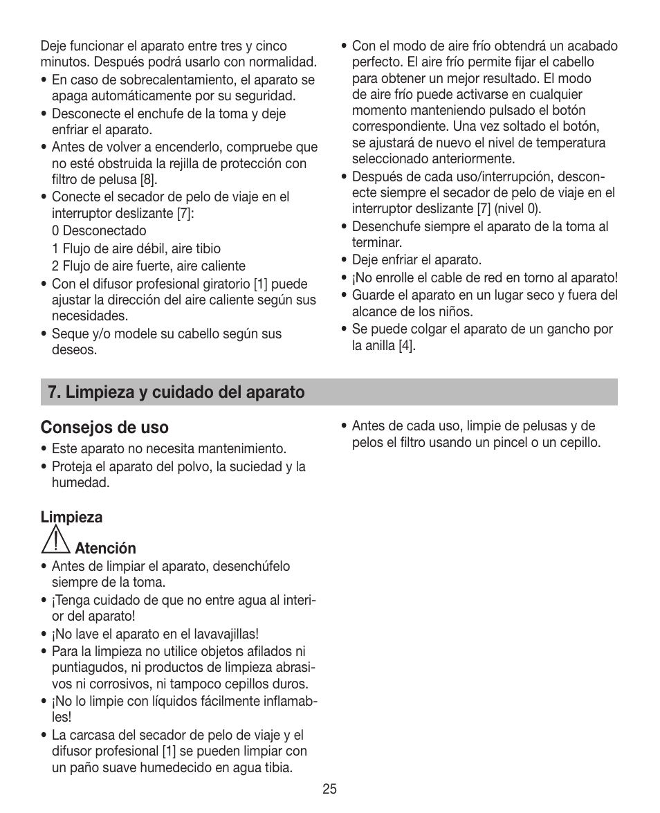 Limpieza y cuidado del aparato consejos de uso | Beurer HDE 15 User Manual | Page 25 / 72