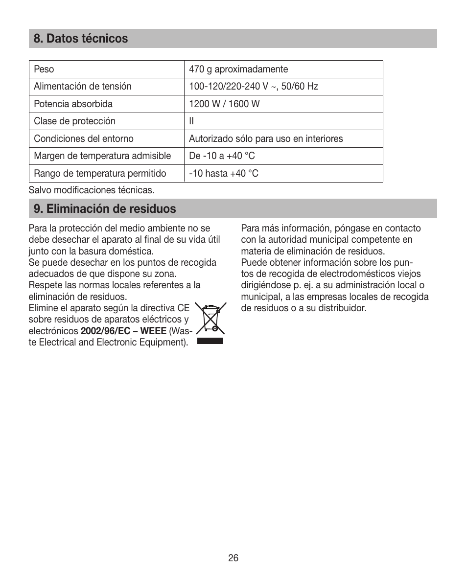 Datos técnicos, Eliminación de residuos | Beurer HDE 15 User Manual | Page 26 / 72