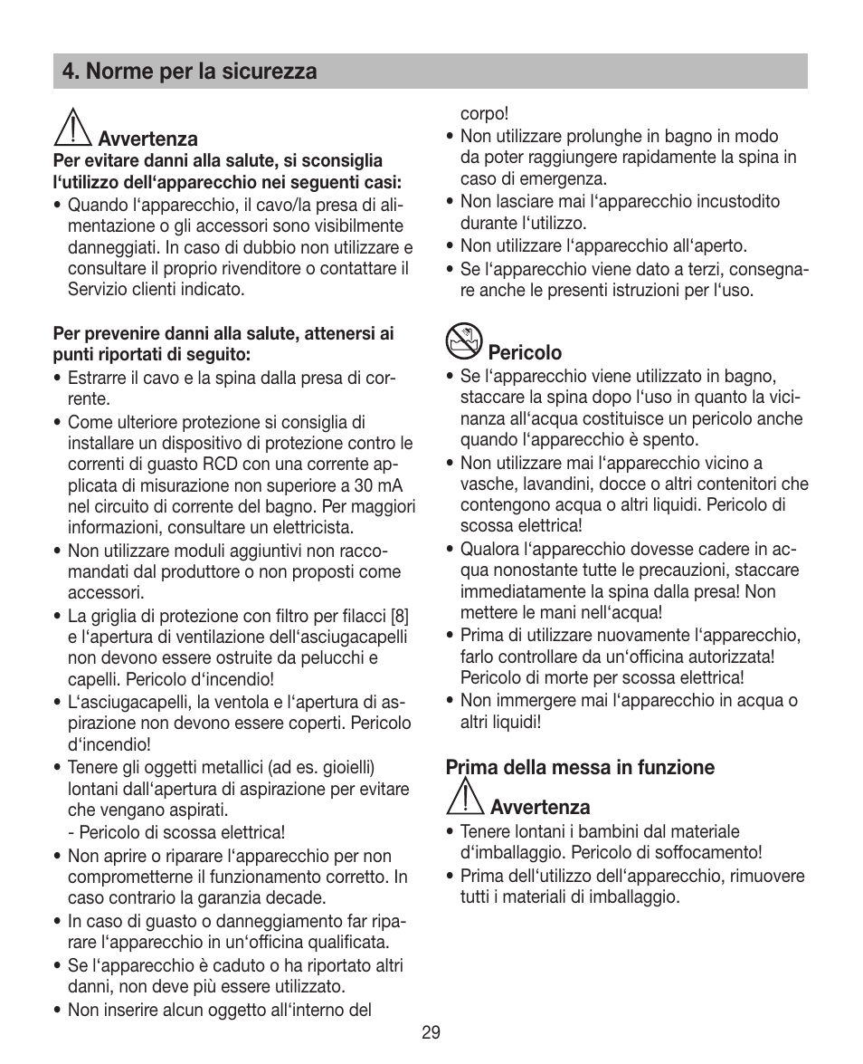 Norme per la sicurezza | Beurer HDE 15 User Manual | Page 29 / 72