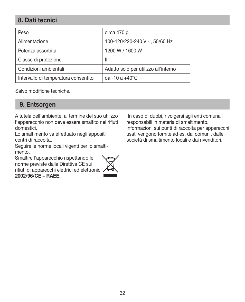 Dati tecnici, Entsorgen | Beurer HDE 15 User Manual | Page 32 / 72