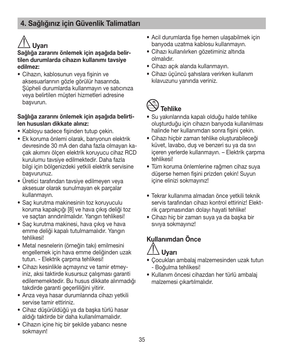 Sağlığınız için güvenlik talimatları | Beurer HDE 15 User Manual | Page 35 / 72