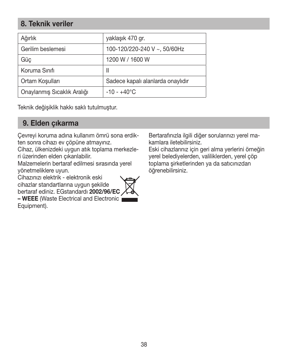 Teknik veriler, Elden çıkarma | Beurer HDE 15 User Manual | Page 38 / 72