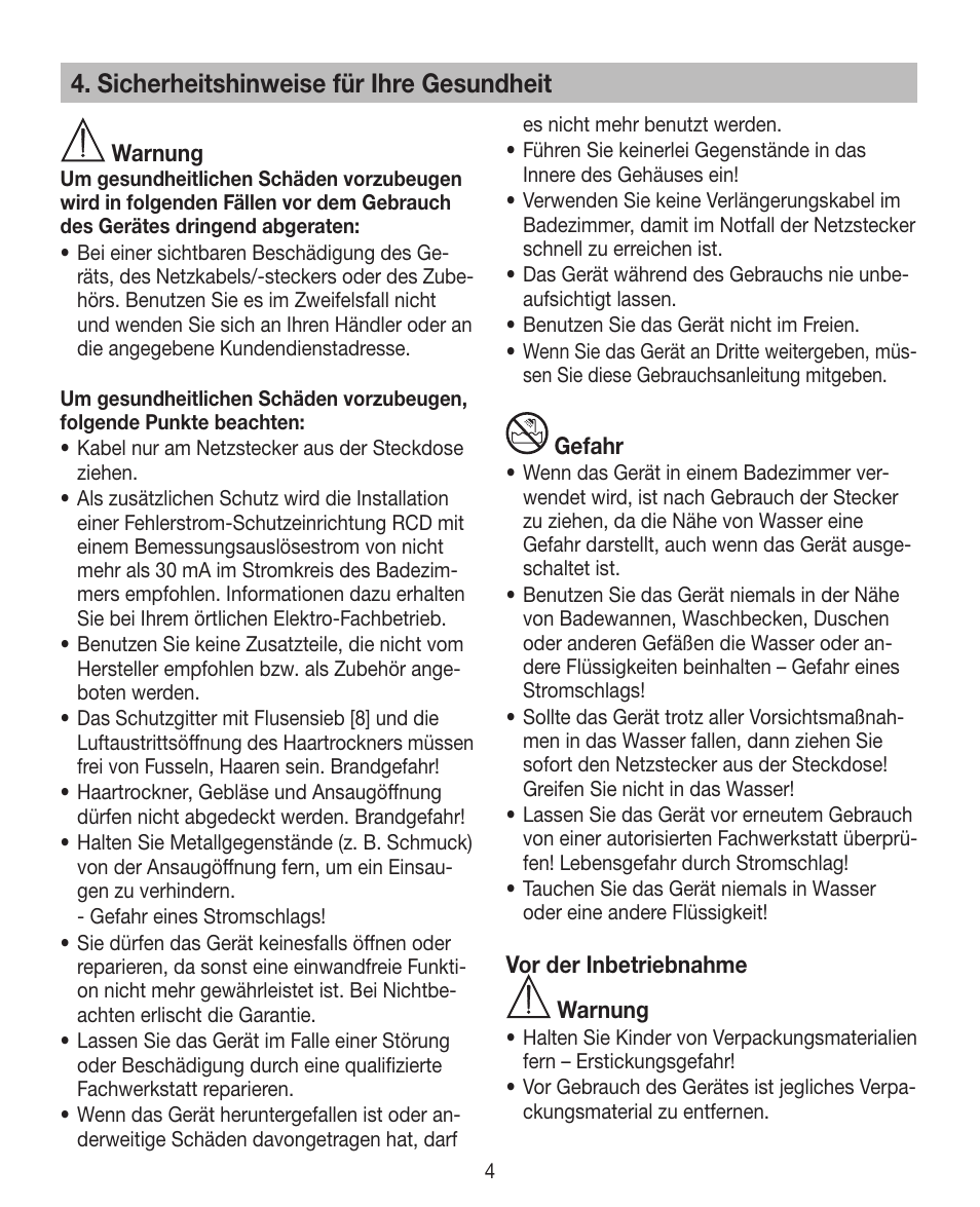 Sicherheitshinweise für ihre gesundheit | Beurer HDE 15 User Manual | Page 4 / 72