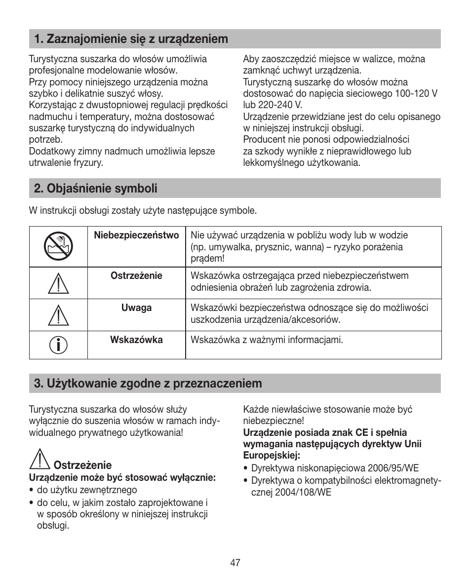 Zaznajomienie się z urządzeniem, Objaśnienie symboli, Użytkowanie zgodne z przeznaczeniem | Beurer HDE 15 User Manual | Page 47 / 72