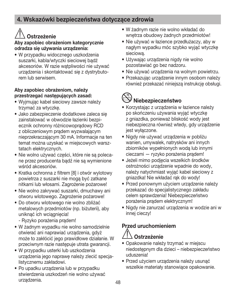 Wskazówki bezpieczeństwa dotyczące zdrowia | Beurer HDE 15 User Manual | Page 48 / 72