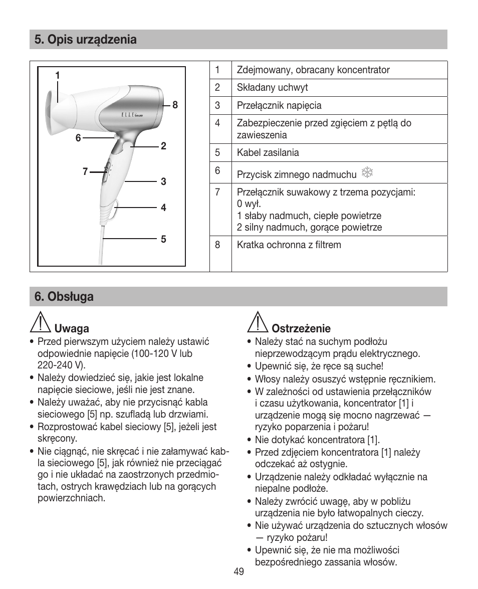 Opis urządzenia, Obsługa | Beurer HDE 15 User Manual | Page 49 / 72