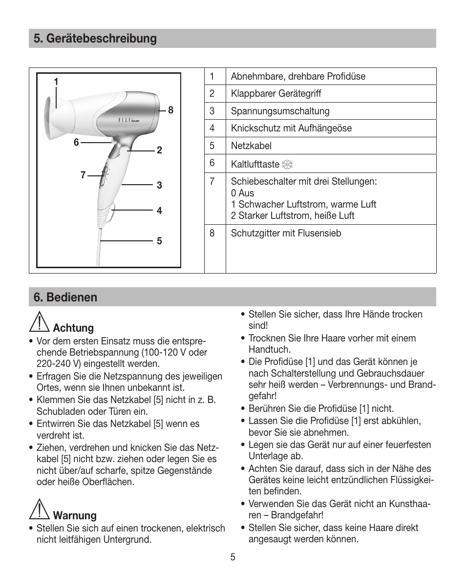 Gerätebeschreibung, Bedienen | Beurer HDE 15 User Manual | Page 5 / 72